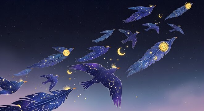 Whimsical Celestial Birds Soaring Through Starry Night Sky, Adorned with Constellations, Moon, and Sun Faces