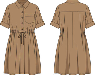 Stylish shirt dress, brown color, rolled sleeves, drawstring waist, front view, back view, CAD drawing, flat sketch, fashion template, vector illustration