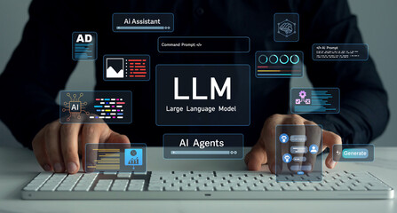 Large language model(LLM) with AI technology.User working on laptop in LLM,Data performrange language tasks,answering questions, summarizing information, translating languages, writing code.	