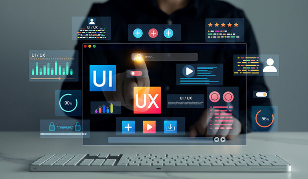 UX-UI design web and user design development.Holographic UIUX, display icons of UX-UI designer, creative planning, data visualization. Web design, application design,coding develop.	