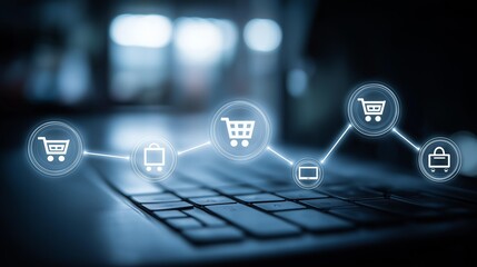 Fototapeta premium A close-up view of a keyboard with online shopping icons, representing e-commerce and digital transactions.