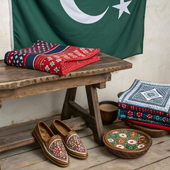 Ajrak and Khussa arranged aesthetically on vintage decoration