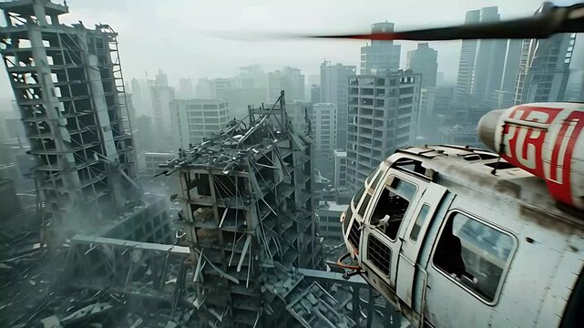 Helicopter flying through warzone city