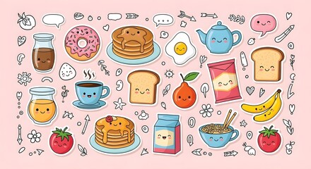Kawaii Breakfast Food Stickers: Delightful Cartoon Illustration of Cute Food Items