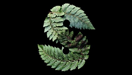 Fern leaves artfully arranged to form a Yin-Yang symbol against a black backdrop. The vibrant green fronds of the fern are in high contrast with the dark background.