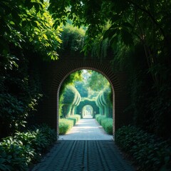 Fototapeta premium A view through a brick archway into a garden path with manicured hedges and greenery in the distance