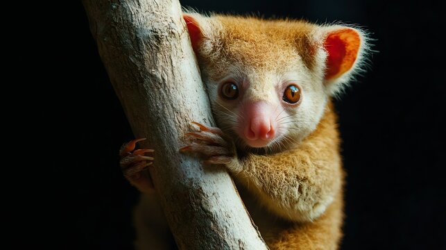 Vulnerable Embrace: An Adorable Cuscus Marsupial Clinging to a Tree Branch with Big, Gentle Eyes