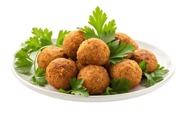 Crispy golden falafel balls piled high on a white plate, garnished with fresh parsley for a delicious and healthy appetizer