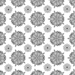 Seamless mandala pattern in black and white, ideal for adult coloring books, textile design, wallpapers, and meditation-themed products. High-resolution vector design suitable for print.