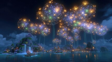 Colorful Fireworks Over Island Landscape At Night