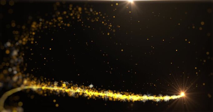 Glowing Christmas tree animation with snowflakes and particles on golden. Holiday concept and background 4k