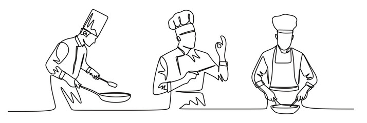 Continuous line art of a team of professional chefs cooking. Cooking competition in an event. This icon is for a poster or logo of a restaurant.