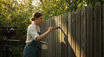 Artist's Touch on a Rustic Fence: A woman, focused and absorbed, delicately paints a weathered wooden fence, a testament to the beauty of simple tasks and the charm of outdoor artistry.