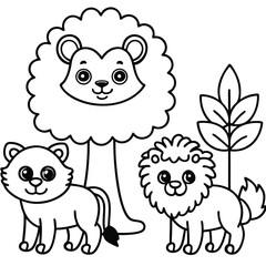 Obraz premium Cute cartoon black and white illustration of a lion family with a tree and leaves for coloring