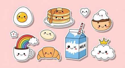 Cute Cartoon Food Stickers: Breakfast Delight