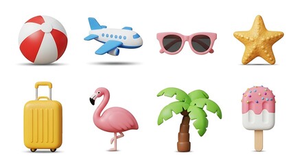 3d icon of summer vacation elements isolated on white background, ready for travel