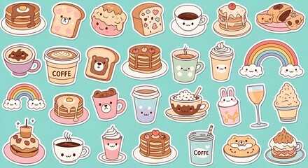 Kawaii Food and Drink Stickers: Pancakes, Toast, Coffee, Rainbow on Teal Background