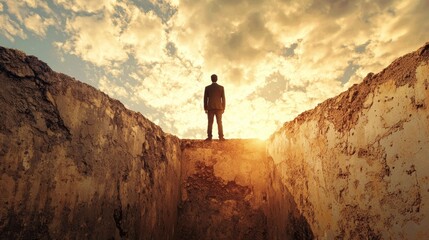 A man standing on a rocky cliff with a dramatic sunset in the background.