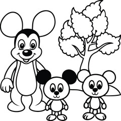 Obraz premium Happy cartoon mouse family with a tree in a simple line drawing for coloring