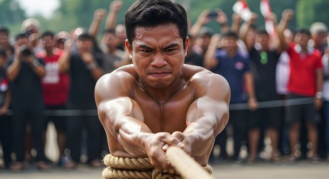 A strong, determined athlete demonstrates power and teamwork while pulling a rope in an intense tug-of-war competition.