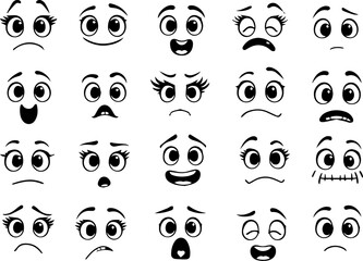 Cartoon retro faces. Vintage emotional face with mascot characters funny faces , eyes and mouths elements