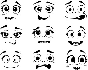 Cartoon retro faces. Vintage emotional face with mascot characters funny faces , eyes and mouths elements