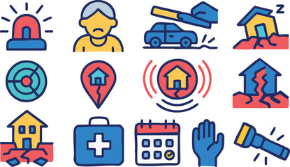 Fototapeta premium A set of colorful icons illustrating an earthquake disaster, safety warnings, and emergency preparedness supplies.