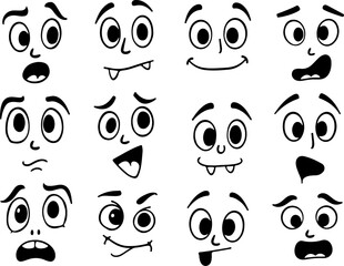 Cartoon retro faces. Vintage emotional face with mascot characters funny faces , eyes and mouths elements