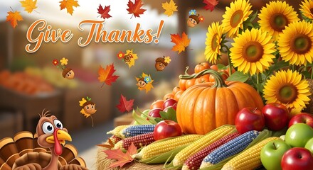 Festive Thanksgiving Harvest: Cartoon Turkey, Pumpkins, Corn, Apples, and Sunflowers