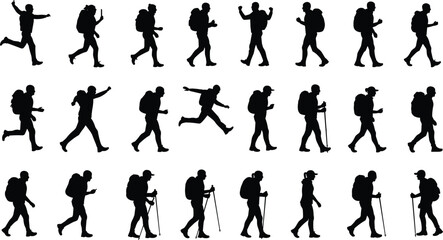 Silhouette people hiking, trekking with backpack, walking and running poses, outdoor adventure, vector illustration set, cad drawing flat vector illustration