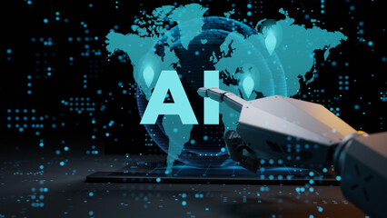 Robotic hand interacts with futuristic AI global data network Machine learning cyber technology background 3D render
