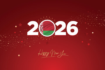 Colorful Happy New Year Festival Design Banner, New Year 2026 Logo with Belarus Flag on Red-Maroon Confetti and star Background, Calendar 2026, Social Media New Year Banner, Post Card, Greetings