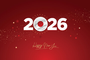 Colorful Happy New Year Festival Design Banner, New Year 2026 Logo with Japanese Flag on Red-Maroon Confetti and star Background, Calendar 2026, Social Media New Year Banner, Post Card, Greetings