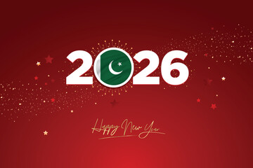 Colorful Happy New Year Festival Design Banner, New Year 2026 Logo with Pakistan Flag on Red-Maroon Confetti and star Background, Calendar 2026, Social Media New Year Banner, Post Card, Greetings