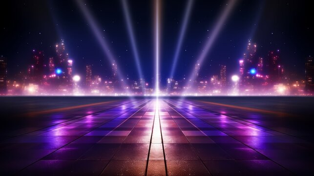 Cityscape with a long, wide road with a bright purple glow. The city is lit up with neon lights and the road is wet - Powered by Adobe