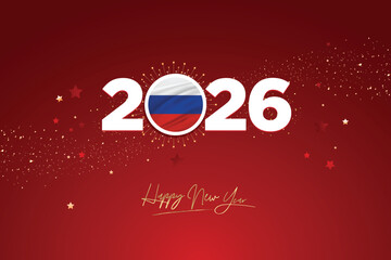 Colorful Happy New Year Festival Design Banner for Russia, New Year 2026 Logo with Russian Flag on Red-Golden Confetti and star Background, Calendar 2026, Social Media New Year Banner, PostCard