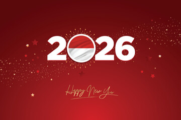 Colorful Happy New Year Festival Design Banner for Indonesia, New Year 2026 Logo with Indonesian Flag on Red-Golden Confetti and star Background, Calendar 2026, Social Media New Year Banner, PostCard