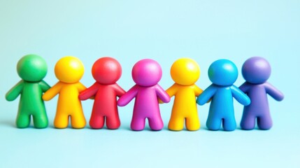 A group of colorful plasticine figures standing in a line on a light blue background.