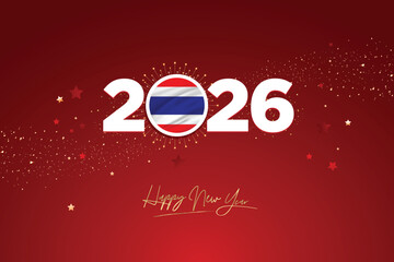 Colorful Happy New Year Festival Design Banner for Thailand, New Year 2026 Logo with Thailand Flag on Red-Golden Confetti and star Background, Calendar 2026, Social Media New Year Banner, PostCard