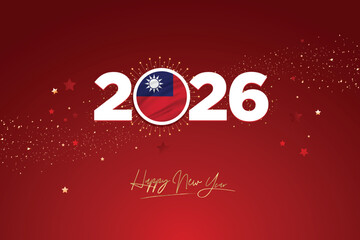 Colorful Happy New Year Festival Design Banner for Taiwan, New Year 2026 Logo with Taiwan Flag on Red-Golden Confetti and star Background, Calendar 2026, Social Media New Year Banner, Postcard