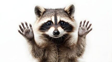 Obraz premium Playful Close-Up of a Raccoon with Paws Up and a Curious Expression
