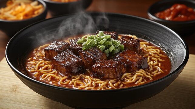 Steaming bowl of beef ramen with noodles and chunks of cooked beef