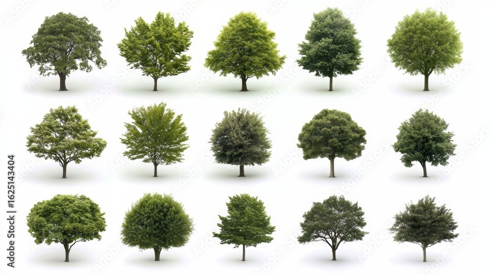 Poster collection of trees in various sizes and shapes. the trees are all green and are spread out across t