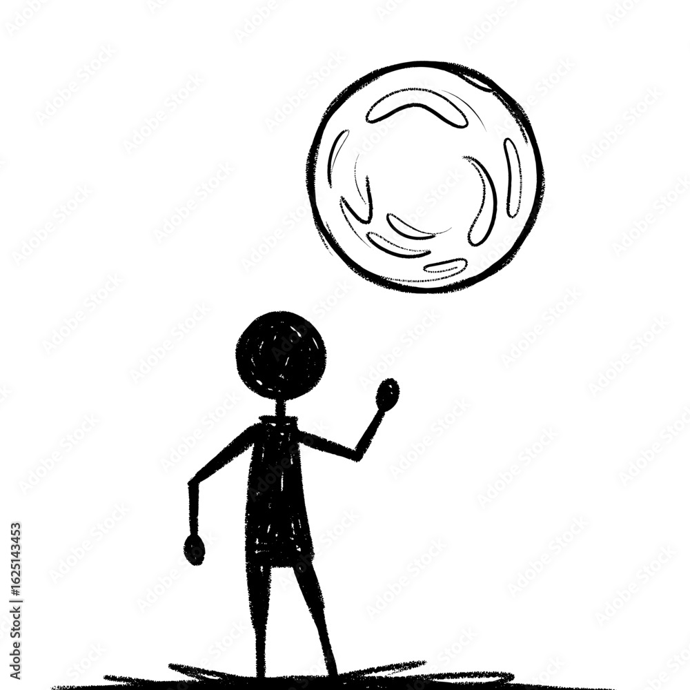 Poster stylized stick figure reaching towards a textured sphere floating in the air above it in artistic st