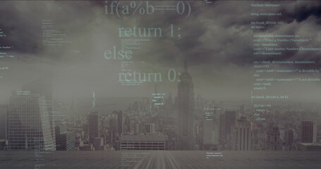 Displaying city skyline overlaid with programming code on wooden rooftop decking, with skyscrapers
