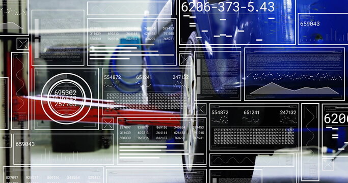 Showcasing blue vehicle wheel and alloy rim inside workshop using data overlays, copy space - Powered by Adobe