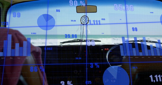 Monitoring driver holding wheel at beachside road, with dreamcatcher and augmented reality charts - Powered by Adobe