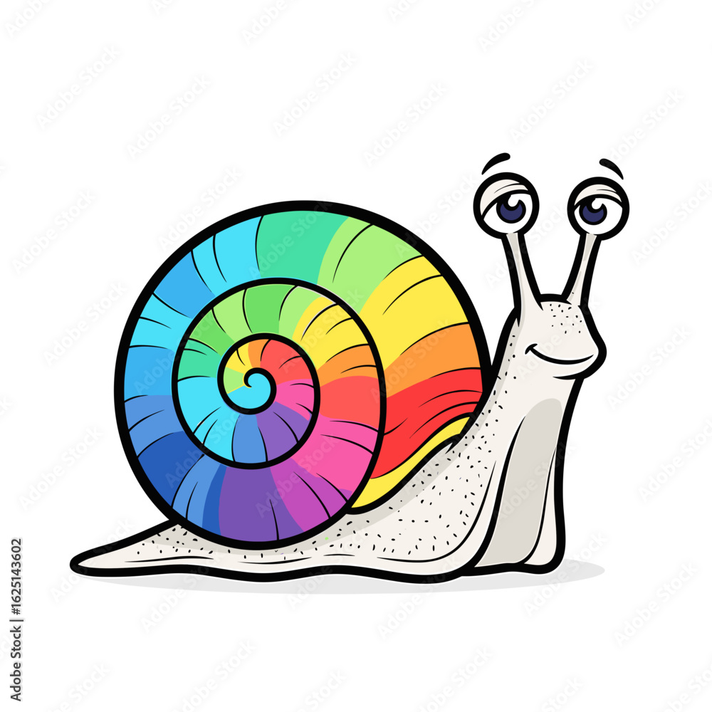Poster cartoon illustration of a snail with a rainbow shell and happy expression on a plain presentation