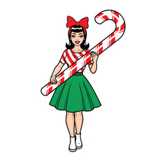 Pin-Up Girl with Giant Candy Cane Cartoon