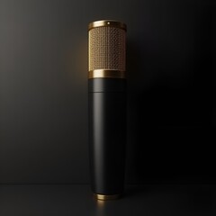 3D Black and Gold Microphone Icon – Luxury Audio Equipment for Music, Podcast, and Broadcasting